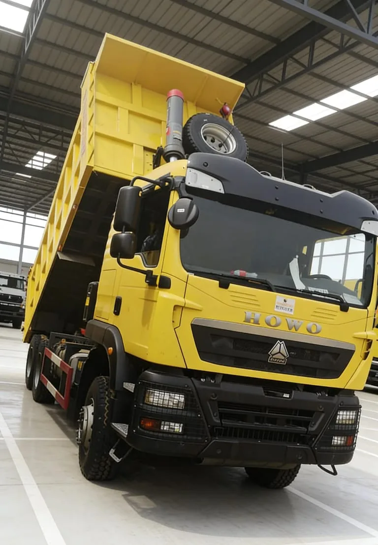 SINOTRUK HOWO dump truck with raised body inside workshop