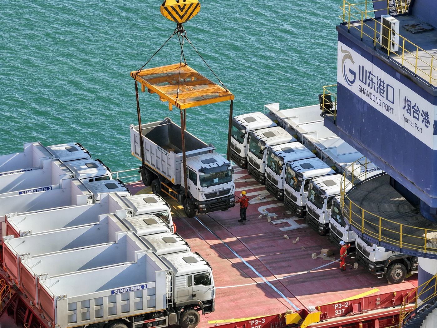 SINOTRUK HOWO trucks loaded at Yantai Port for export shipping